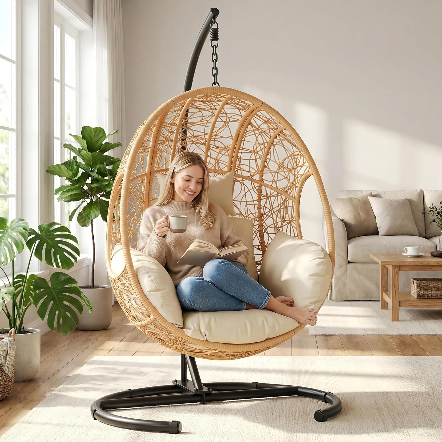 Oversized Hanging Egg Chair Outdoor Indoor, Wicker Swing Egg Chair with Stand 400lbs Capacity for Bedroom, Patio, Garden and Balcony (Beige-nest, Oversize)