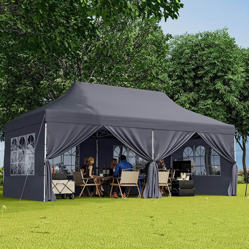 HAPPYGRILL 10x20 Pop Up Canopy Tent with Detachable Sidewalls, Waterproof UPF 50+ Outdoor Instant Gazebo Shelter with Carry Bag for Party Wedding Patio Garden, Grey