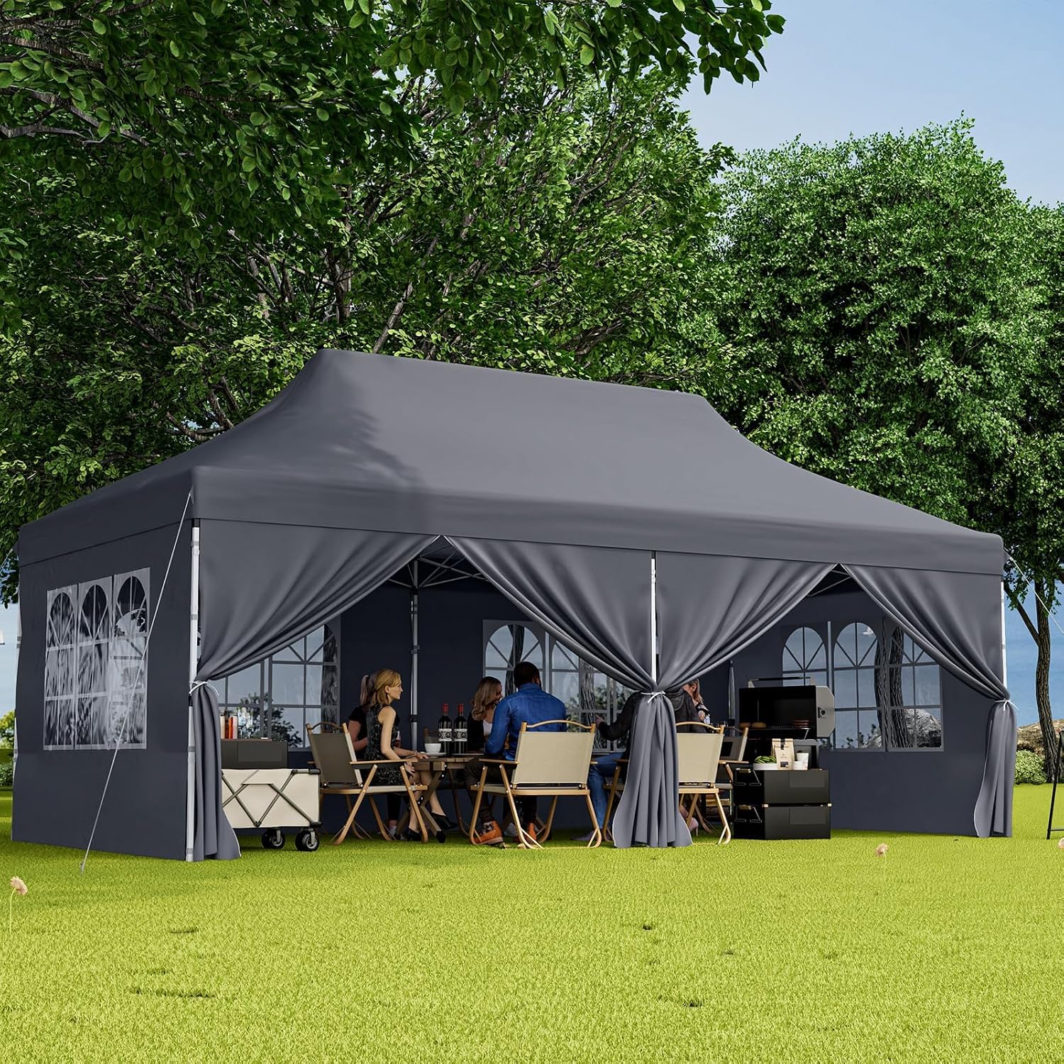 HAPPYGRILL 10x20 Pop Up Canopy Tent with Detachable Sidewalls, Waterproof UPF 50+ Outdoor Instant Gazebo Shelter with Carry Bag for Party Wedding Patio Garden, Grey