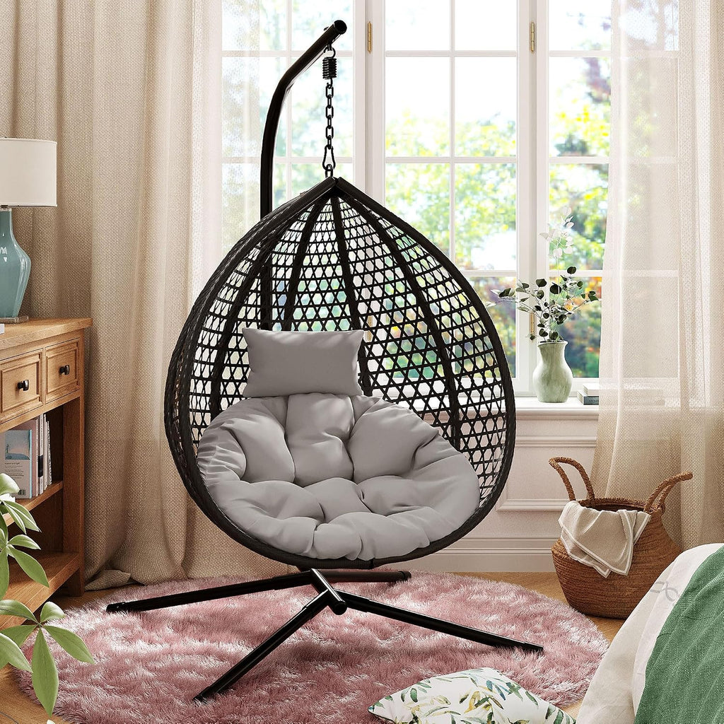 Sturdy Hammock Chair with Stand,Durable Hanging Egg Chair with Rattan Weaving,Comfortable Indoor Outdoor Swing Chairs with Soft Removable Cushion,Suitable for Balcony, Bedroom, or Garden, Black+ Gray