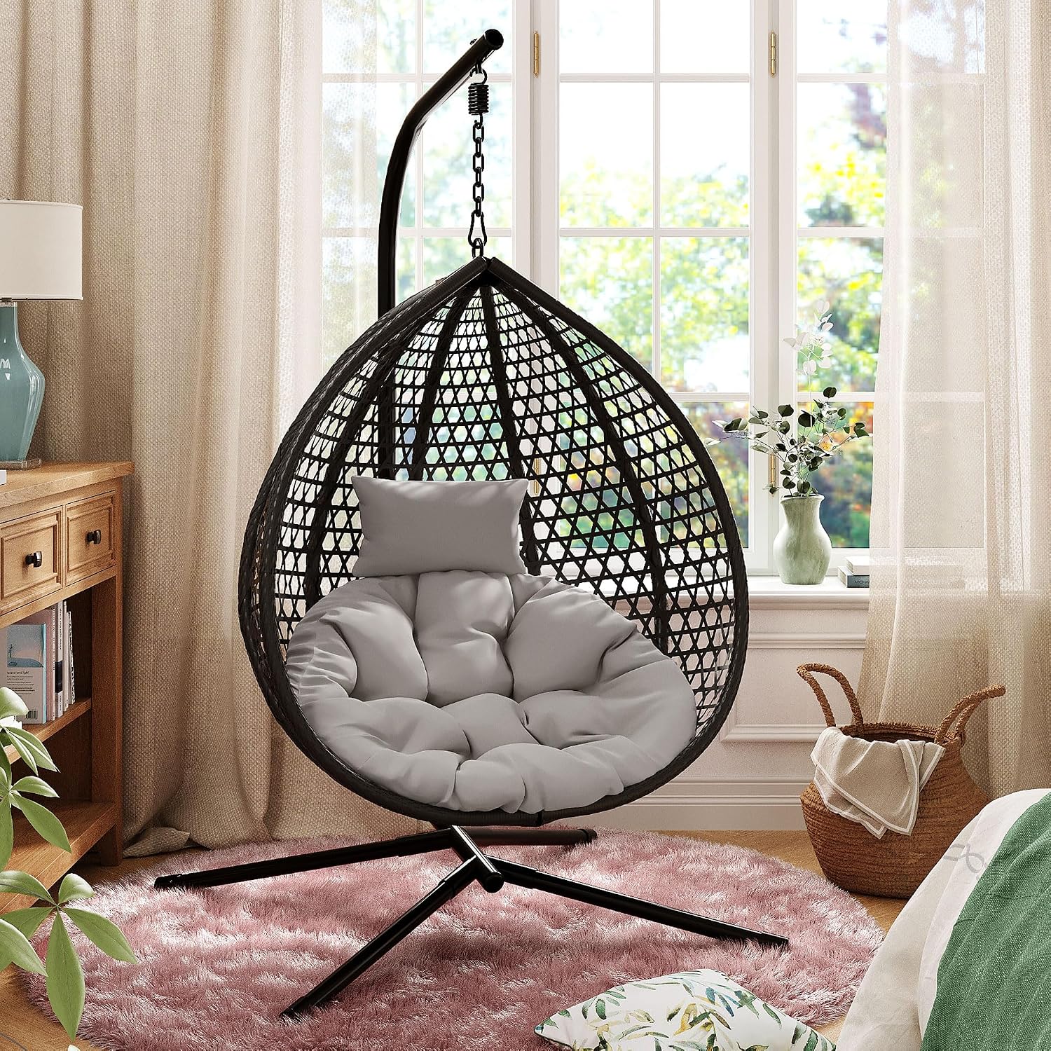 Sturdy Hammock Chair with Stand,Durable Hanging Egg Chair with Rattan Weaving,Comfortable Indoor Outdoor Swing Chairs with Soft Removable Cushion,Suitable for Balcony, Bedroom, or Garden, Black+ Gray