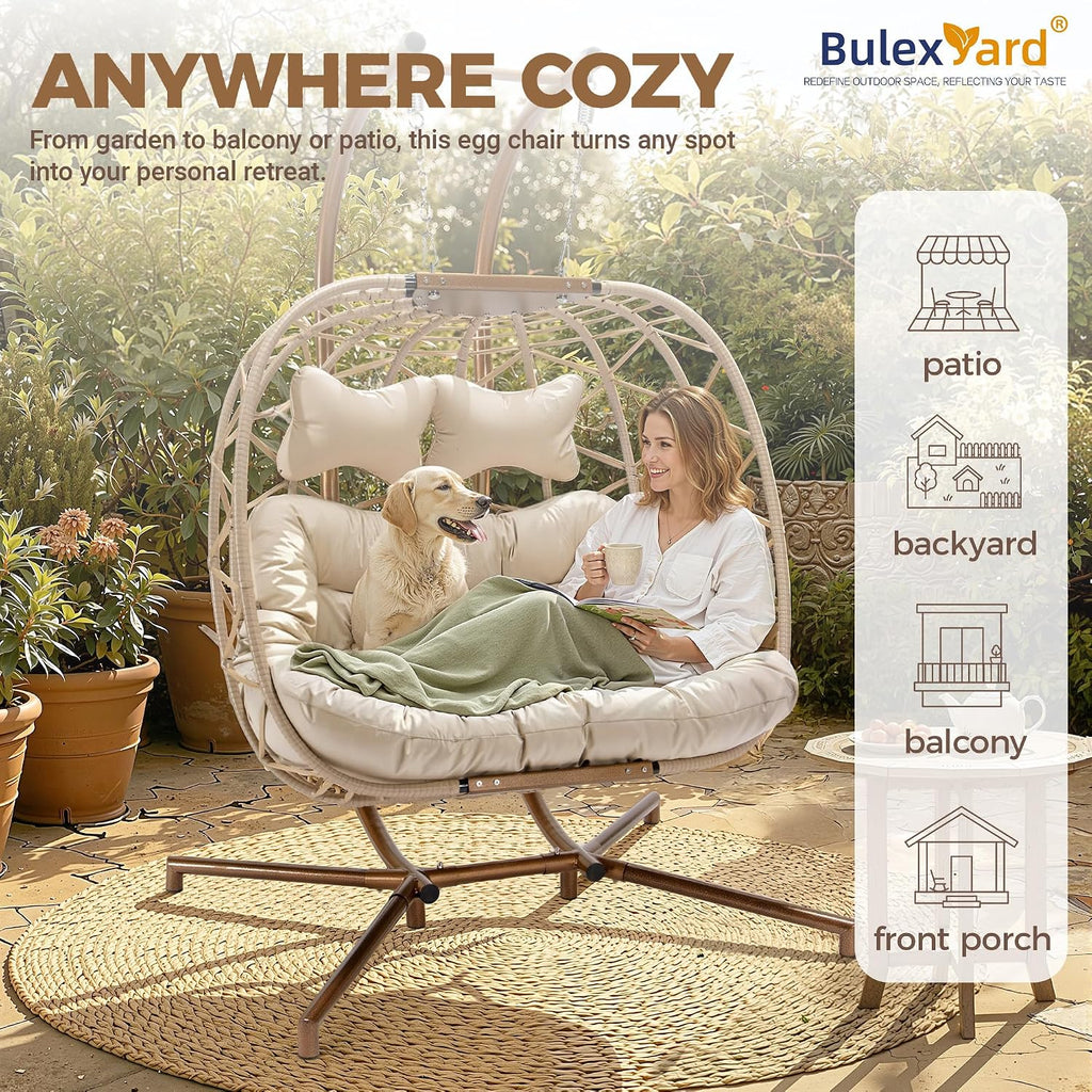 BULEXYARD 2 Seater Patio Egg Chair Swing with Stand and Rain Cover, Extra Large Outdoor Hanging Hammock Loveseat, Oversized Wicker Rattan Chair with Cushion for Balcony Backyard Porch, Beige