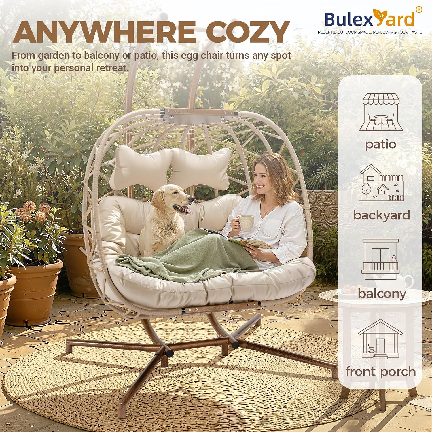 BULEXYARD 2 Seater Patio Egg Chair Swing with Stand and Rain Cover, Extra Large Outdoor Hanging Hammock Loveseat, Oversized Wicker Rattan Chair with Cushion for Balcony Backyard Porch, Beige