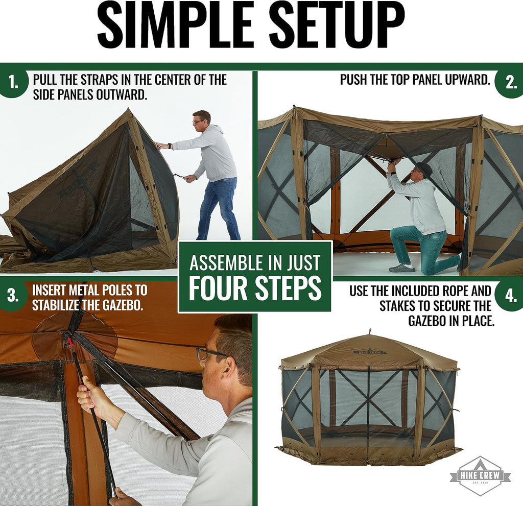 Hike Crew 12'x12' Pop-Up Gazebo Screen Tent | 6-Sided Outdoor Canopy Shelter w/Built-in Zippered Wind Panels, Built-in Awning, Stakes, Ropes & Carry Bag for Camping & Sports | UV Resistant SPF 50+