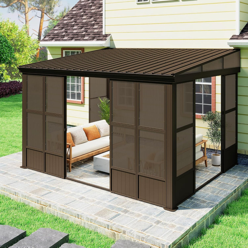 Domi 10x12FT Sunroom, Wall Mounted Sunroom Kit with Galvanized Steel Sloping Roof, Outdoor Sunroom Gazebo with Detachable PC Screen, 3 Sliding Double Doors, Lean to Sun Room for Patio, Deck
