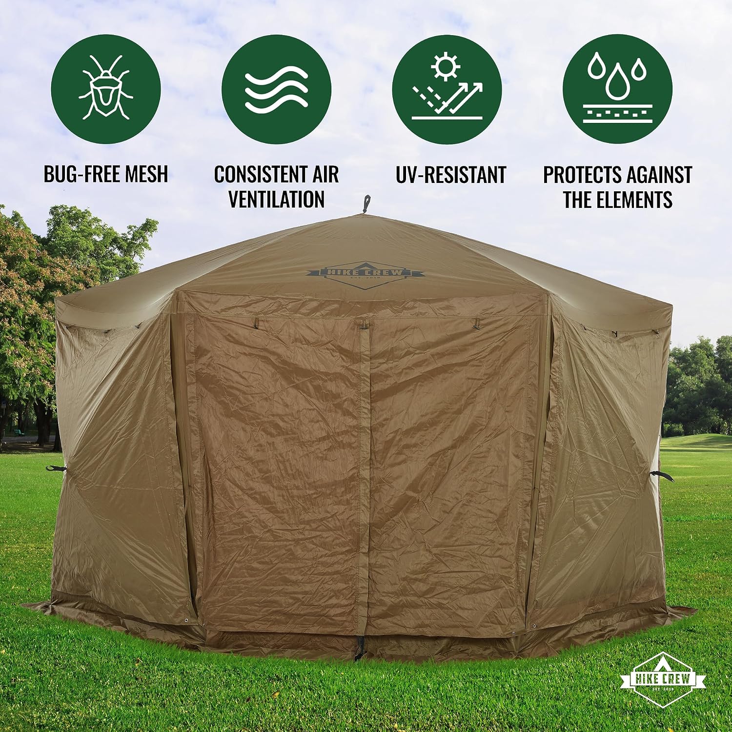 Hike Crew 12'x12' Pop-Up Gazebo Screen Tent | 6-Sided Outdoor Canopy Shelter w/Built-in Zippered Wind Panels, Built-in Awning, Stakes, Ropes & Carry Bag for Camping & Sports | UV Resistant SPF 50+