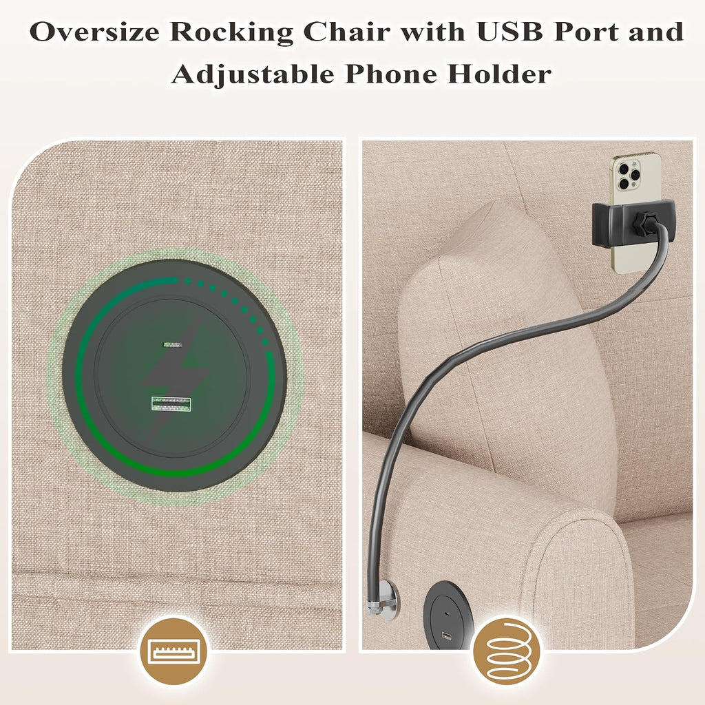 HOMREST Upholstered Oversize Rocking Chair with Adjustable Phone Handle, Nursery Rocking Chair with High Back and Side Pocket USB Port, Double Wide Rocker for Living Room, Bedroom, Nursery, Beige