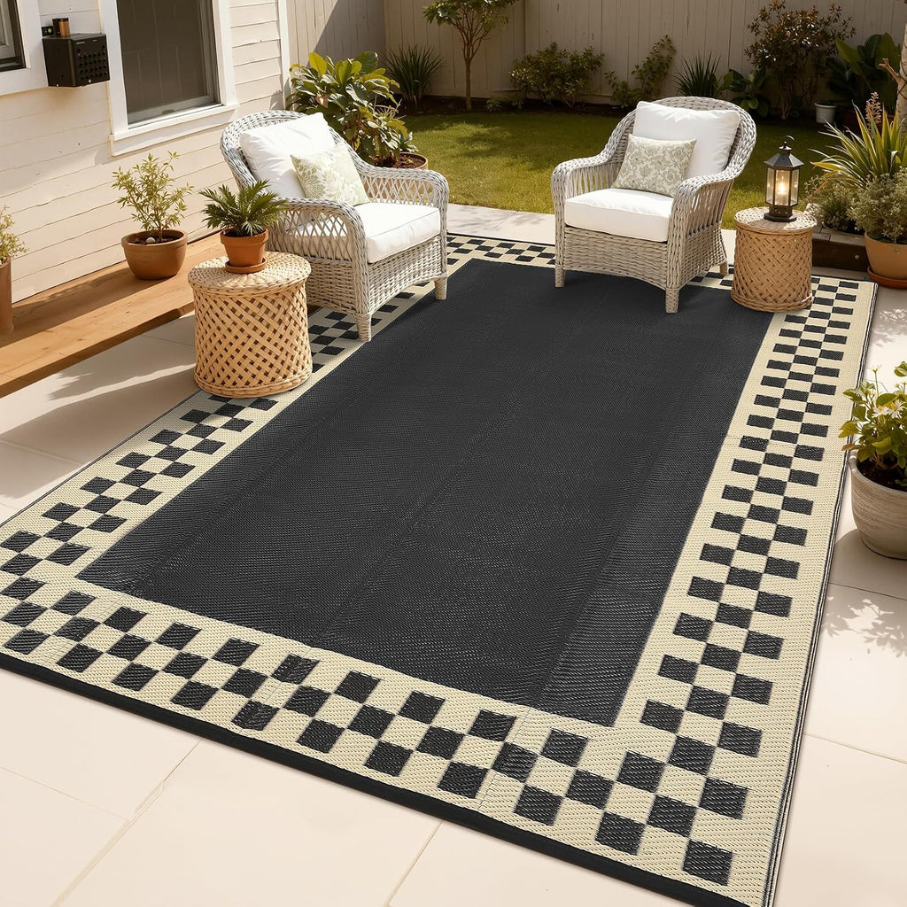 GAOMON Patio Modern Checkered Outdoor Rug 10x14 Waterproof Large Reversible Camping Mat Foldable Lightweight Plastic Straw Outdoor Rug for Deck, Picnic, Porch, Camper, Balcony, Beach, Rv, Black