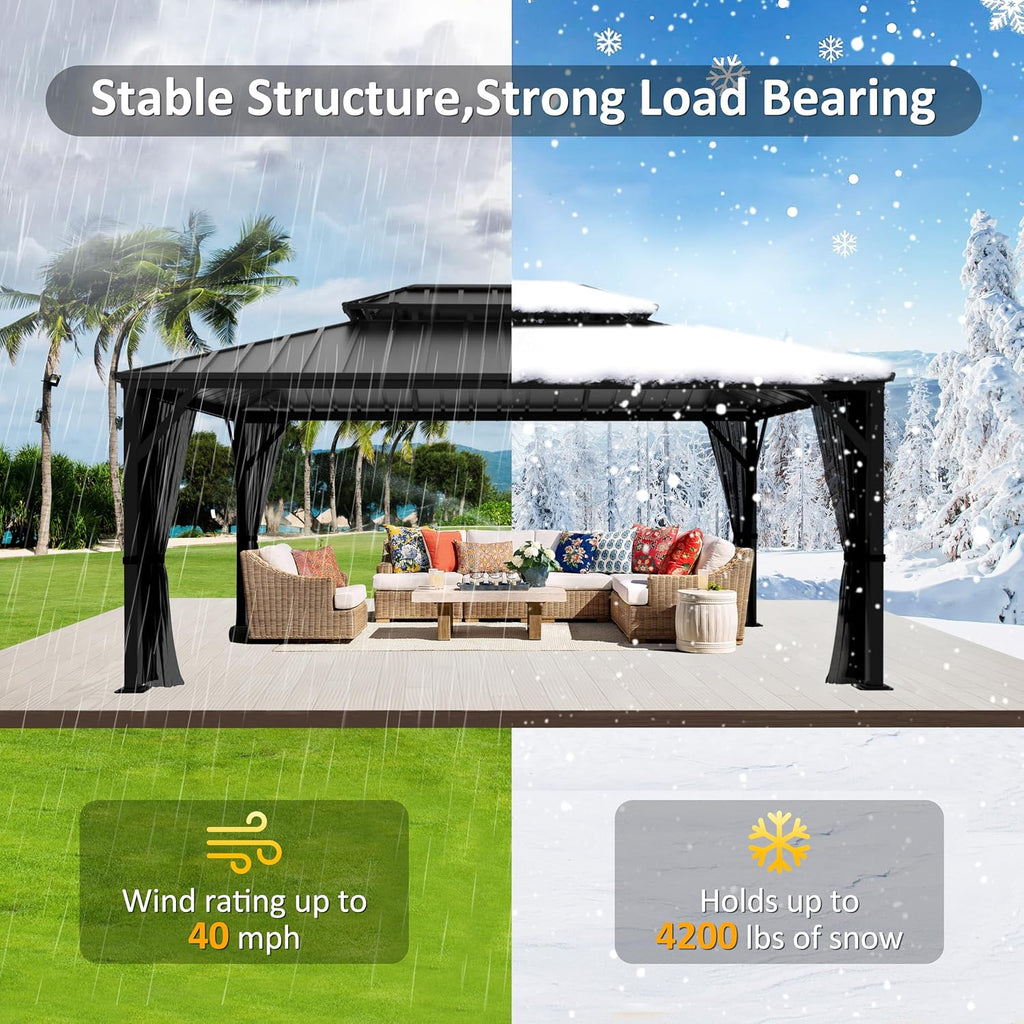 MUPATER 12x16 FT Double Roof Hardtop Gazebo, Outdoor Gazebo for Patio with Sidewalls and Mesh Netting, Aluminum Shade for Backyard, Garden, Pool, Party