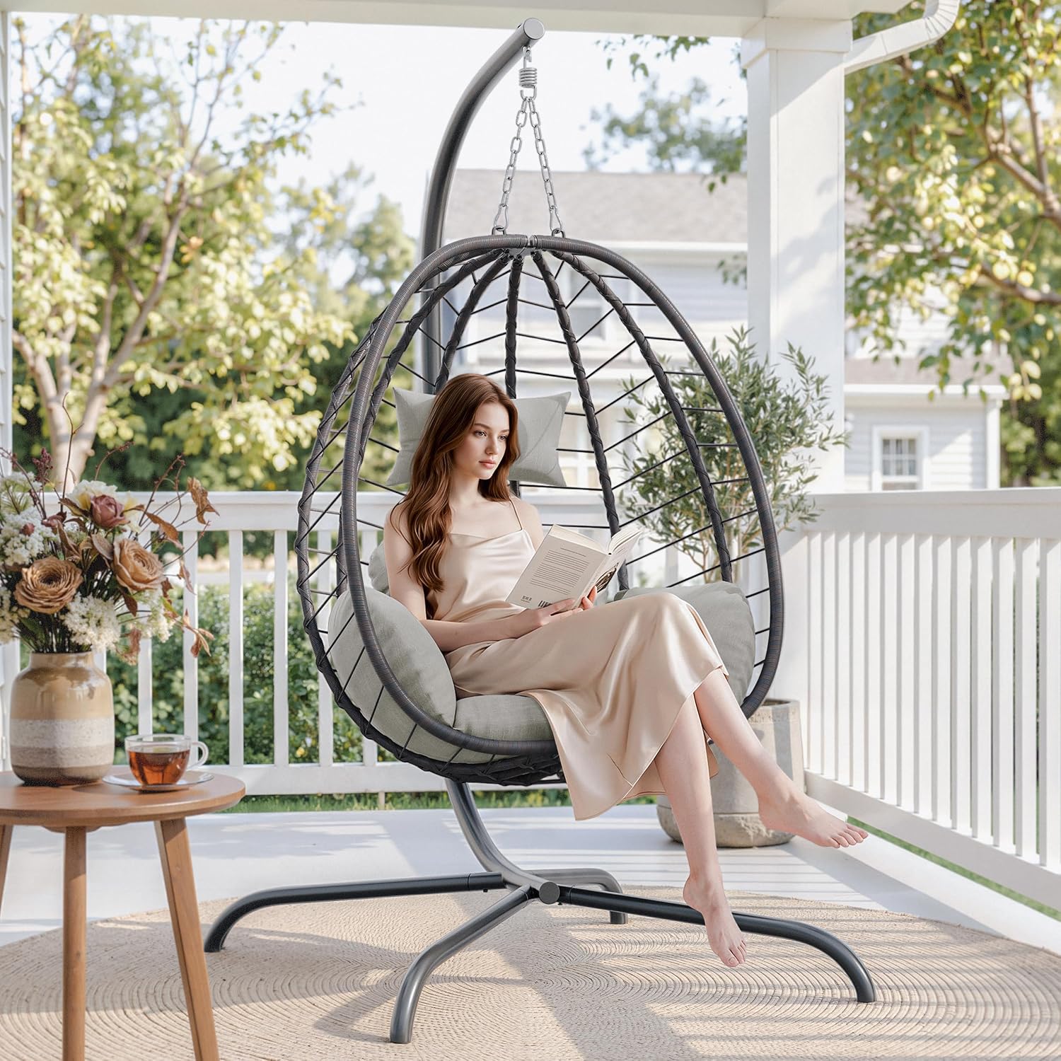 ALAULM Foldable Egg Chair with Stand, 485LBS Capacity Wicker Rattan Hammock Swing Chair for Outdoor & Indoor, Hanging Chair with Strong Frame & UV Resistant Cushion for Balcony, Bedroom, Cream