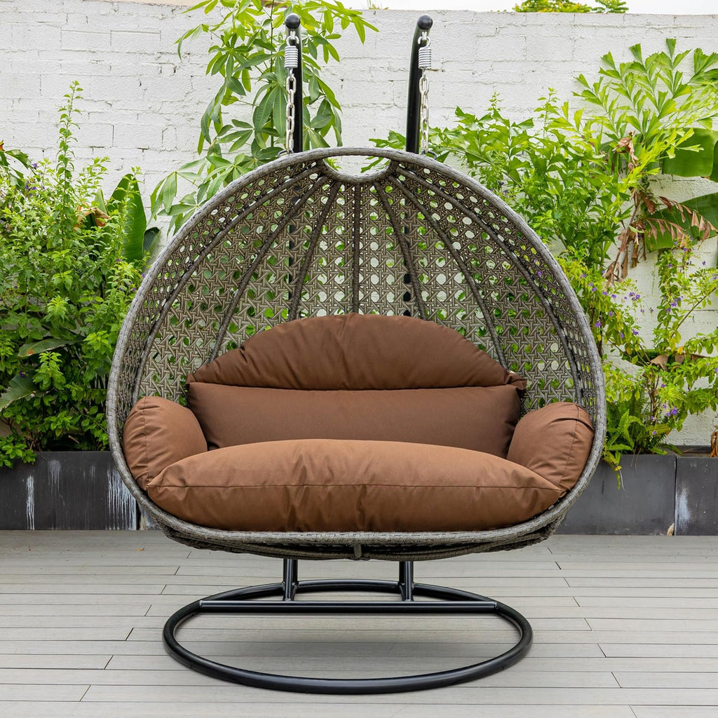 LeisureMod 2 Person Wicker Hanging Egg Chair with Stand & UV-Resistant Cushions for Indoor/Outdoor, Patio, Lounge, Hammock Seat, Brown