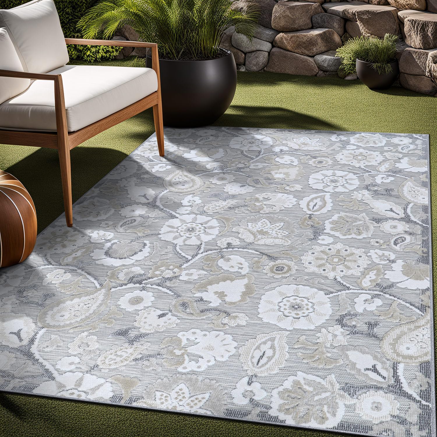 Luul Home Floral Indoor Outdoor Rugs 10x14 Large Area Rug for Living Room, Patio Decor, Kitchen, and Entryway Rug, Washable Stain Resistant Outside Carpet Beige 10 x 14