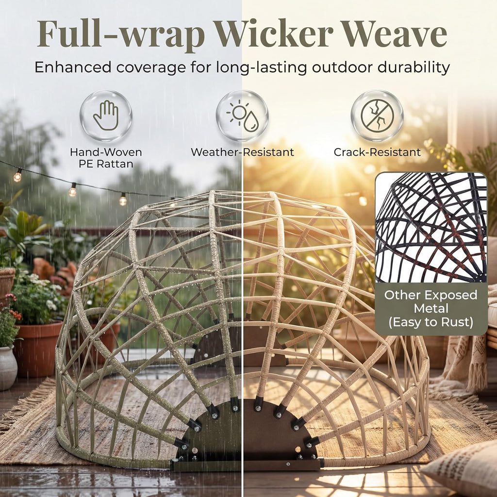 RADIATA Double Swing Egg Chair with Stand and Cover, Extra Large Hanging Patio Chairs with Padded Cushion, 2 Person Outdoor Boho Wicker Egg Swing Chair Loveseat for Bedroom Backyard Balcony, Beige