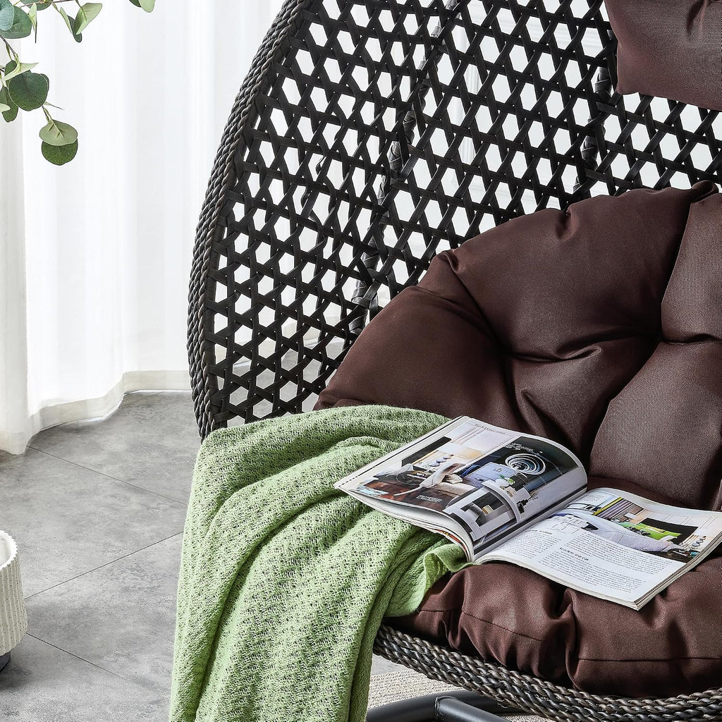 Black Egg Swing Chair with Stand,Hanging Egg Chair Indoor Outdoor with Cushion and Pillow,Modern Wicker Swing Chair,300lbs Capacity for Porch,Patio,Garden, Bedroom, Balcony,Yard