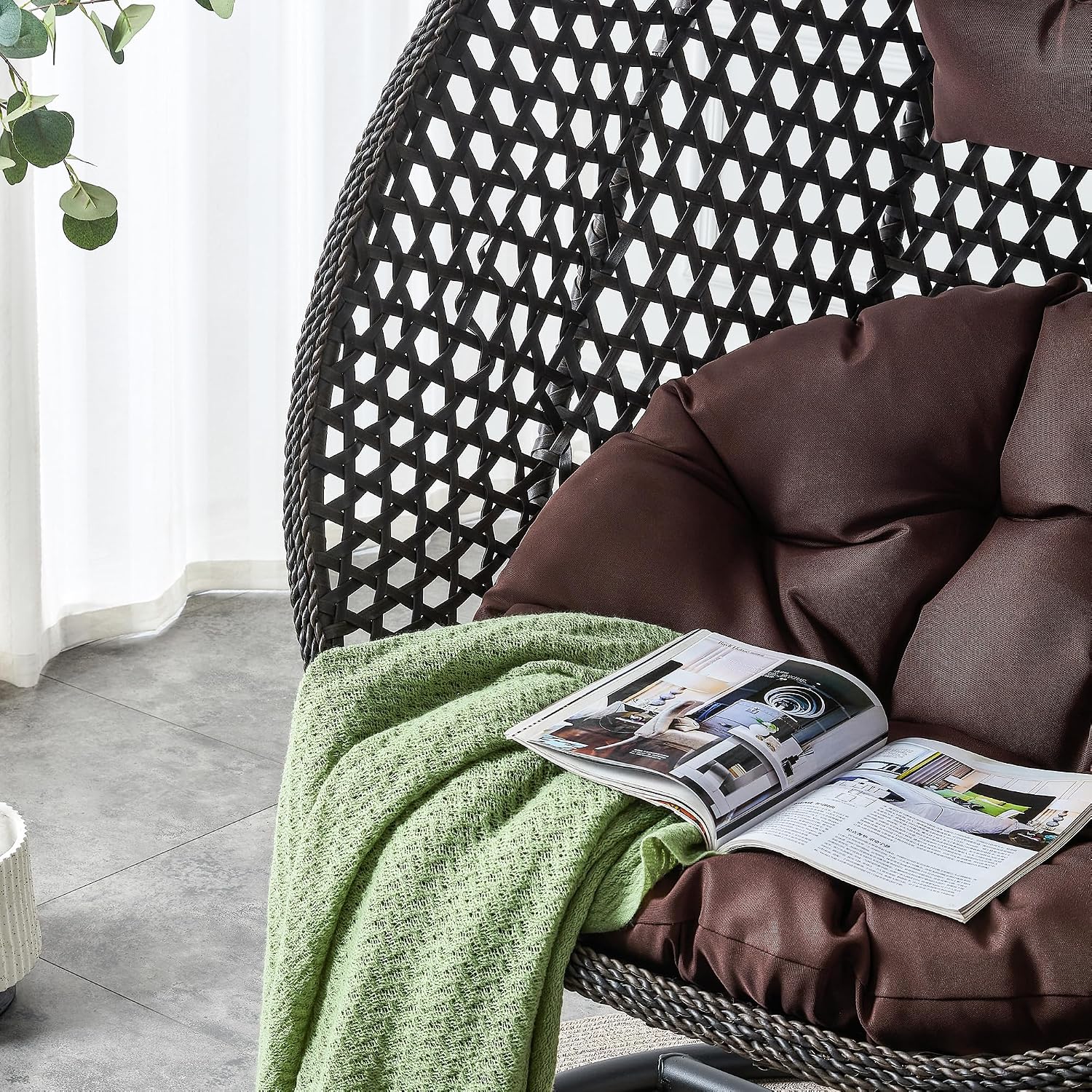 Black Egg Swing Chair with Stand,Hanging Egg Chair Indoor Outdoor with Cushion and Pillow,Modern Wicker Swing Chair,300lbs Capacity for Porch,Patio,Garden, Bedroom, Balcony,Yard
