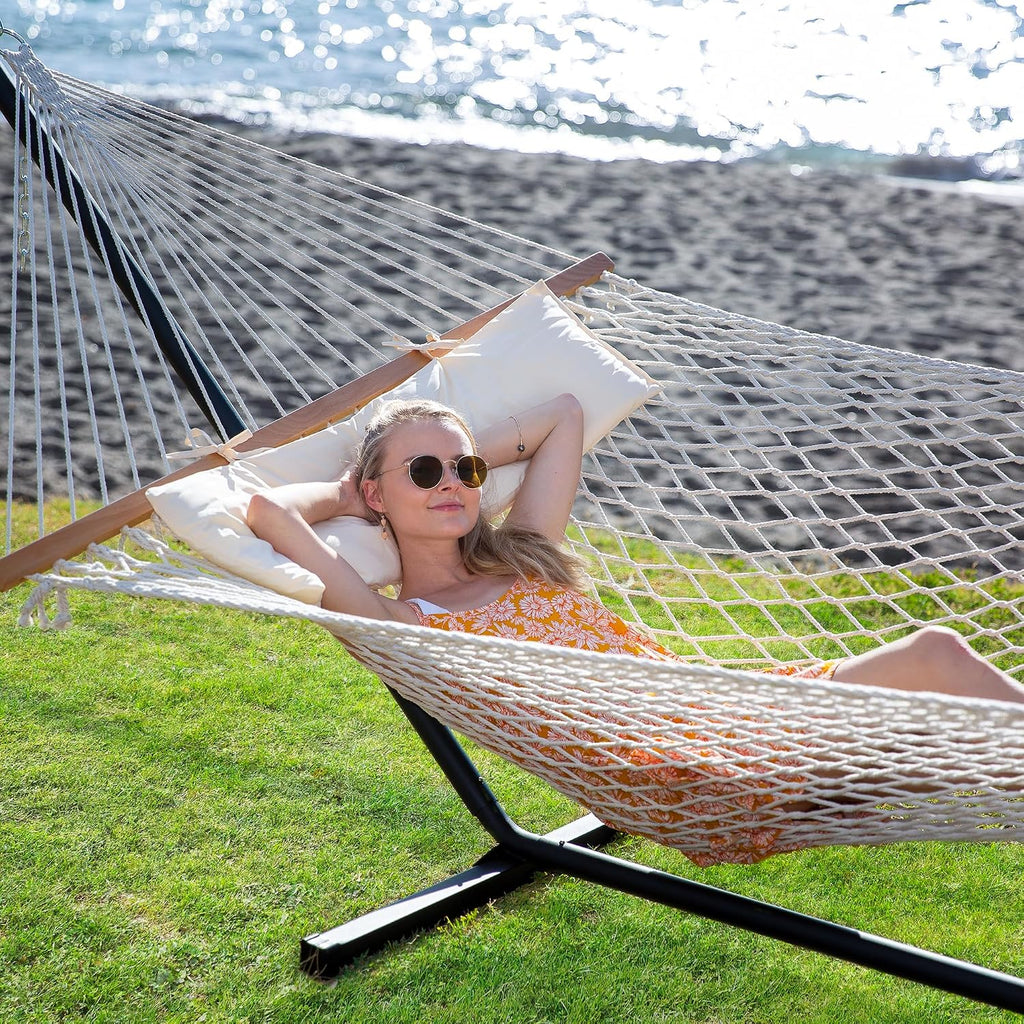 SUNCREAT Double Outdoor Hammock with Stand Included, Portable Cotton Rope 2 Person Hammock for Outdoor, Patio, Garden, Backyard, Beige