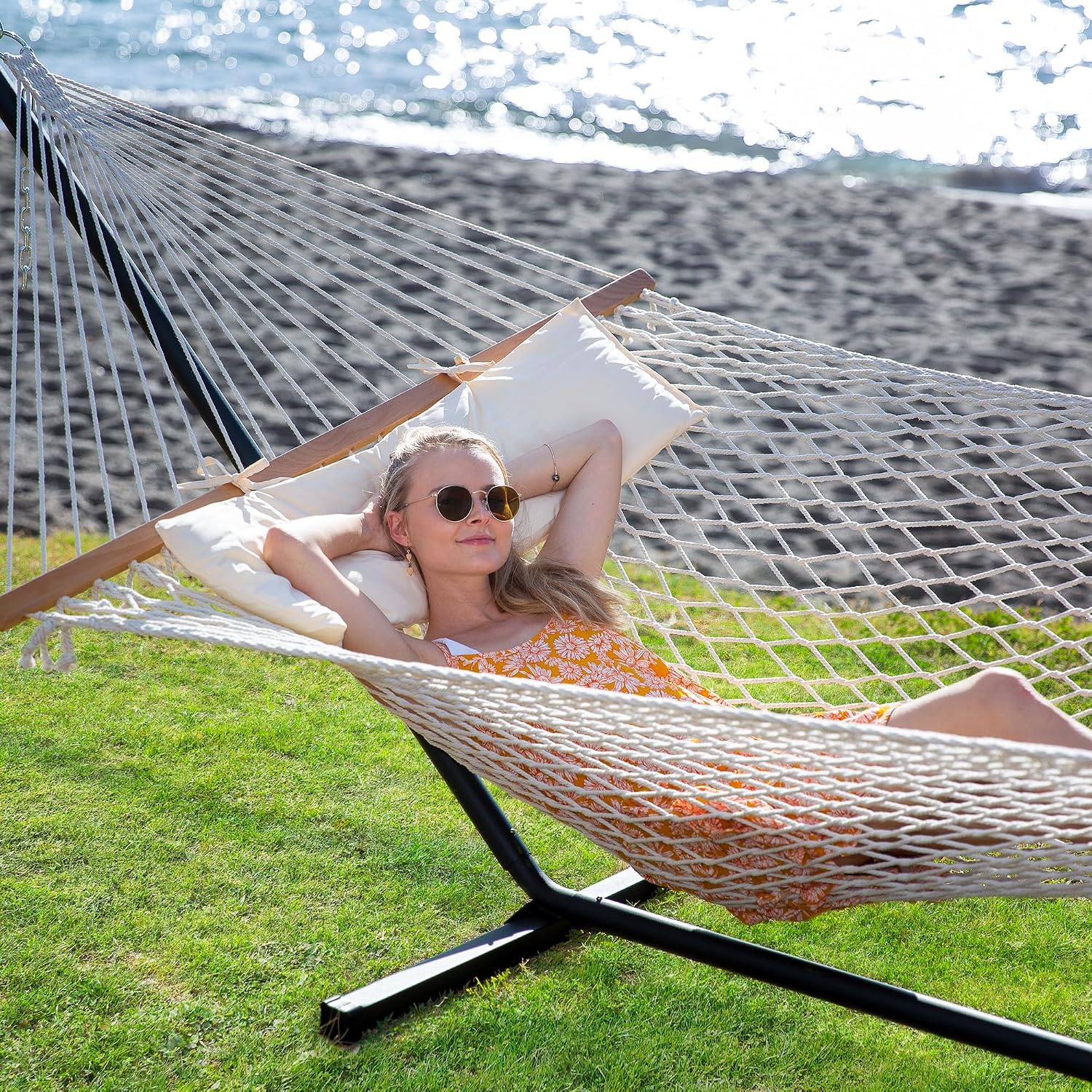 SUNCREAT Double Outdoor Hammock with Stand Included, Portable Cotton Rope 2 Person Hammock for Outdoor, Patio, Garden, Backyard, Beige