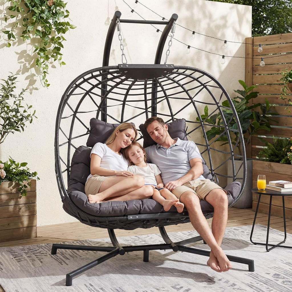 NICESOUL Double Egg Chair Outdoor Indoor, Oversized 2 Person Swing with Stand, All-Weather Wicker Large Hanging Loveseat, Heavy Duty Patio Swinging Seat with Cushion for Balcony, Dark Grey