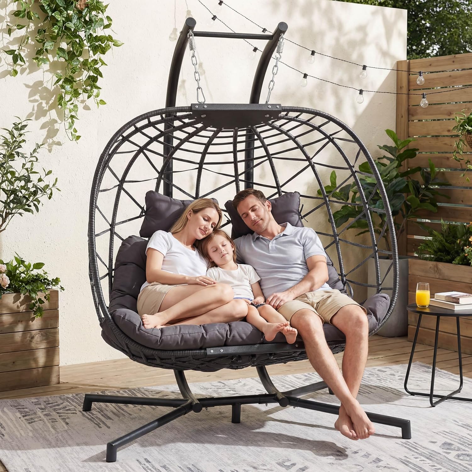 NICESOUL Double Egg Chair Outdoor Indoor, Oversized 2 Person Swing with Stand, All-Weather Wicker Large Hanging Loveseat, Heavy Duty Patio Swinging Seat with Cushion for Balcony, Dark Grey