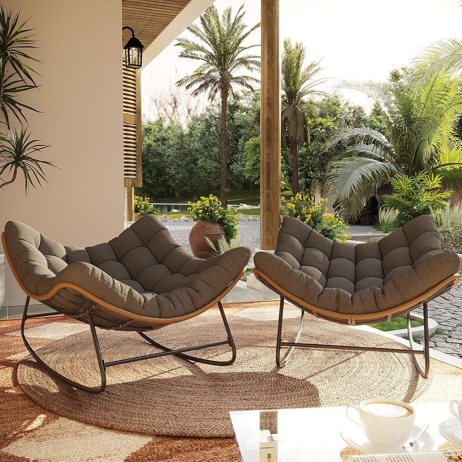 Outdoor Rocking Chair, 2 PCS Indoor Papasan Chairs, Oversized Egg Rocking Chair with Thick Cushion, Rattan Wicker Rocker Lounge Chair for Bedroom, Living Room, Patio, Garden, Porch (Dark Grey)