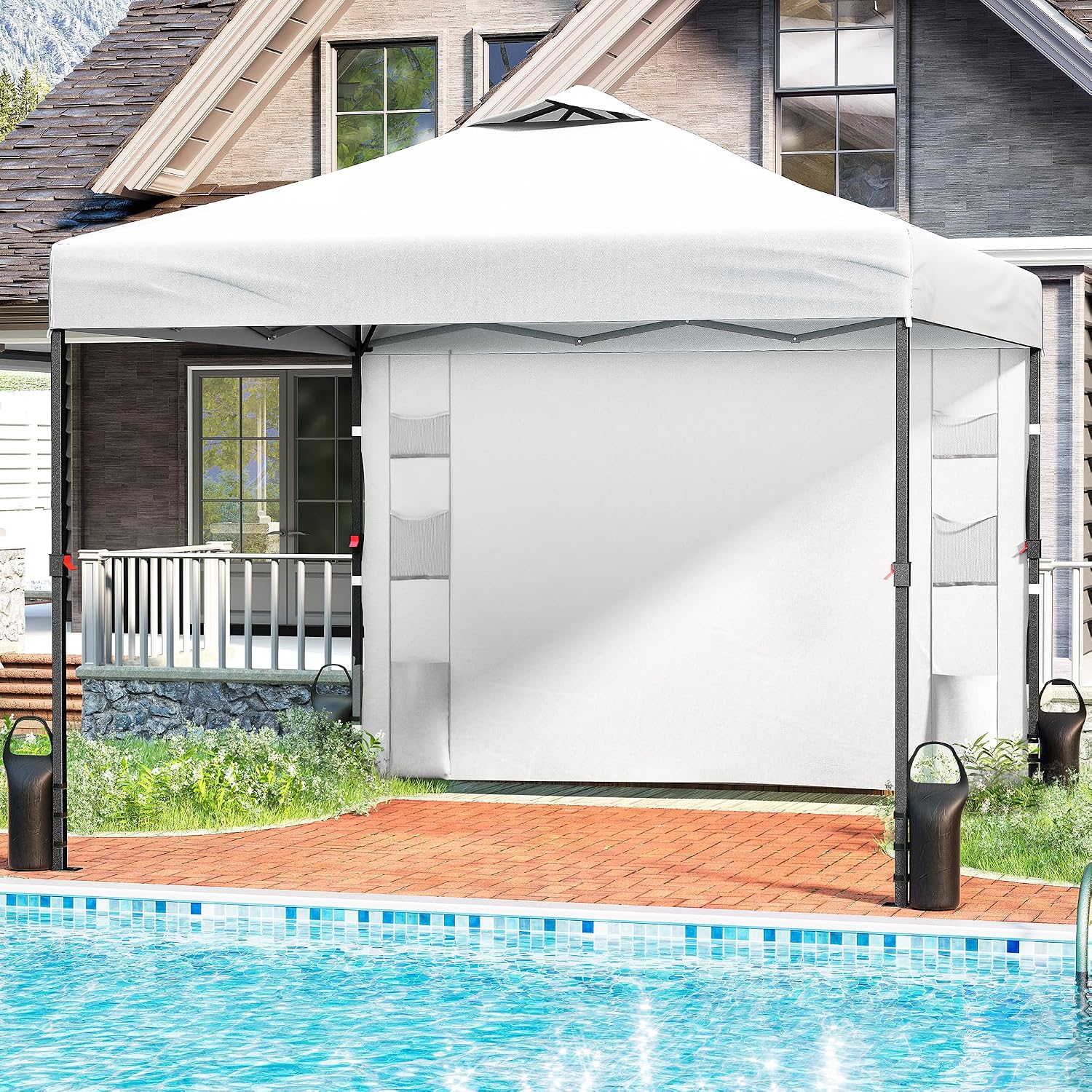 Tunbne 10'x10' Pop Up Canopy Tent with 1 Sidewall and 6 Pockets, One Push Setup, Instant Shade Tent with Vented Roof for Beach Patio Outdoor, Case, 8 Stakes, 4 Ropes, 4 Sandbags (White)