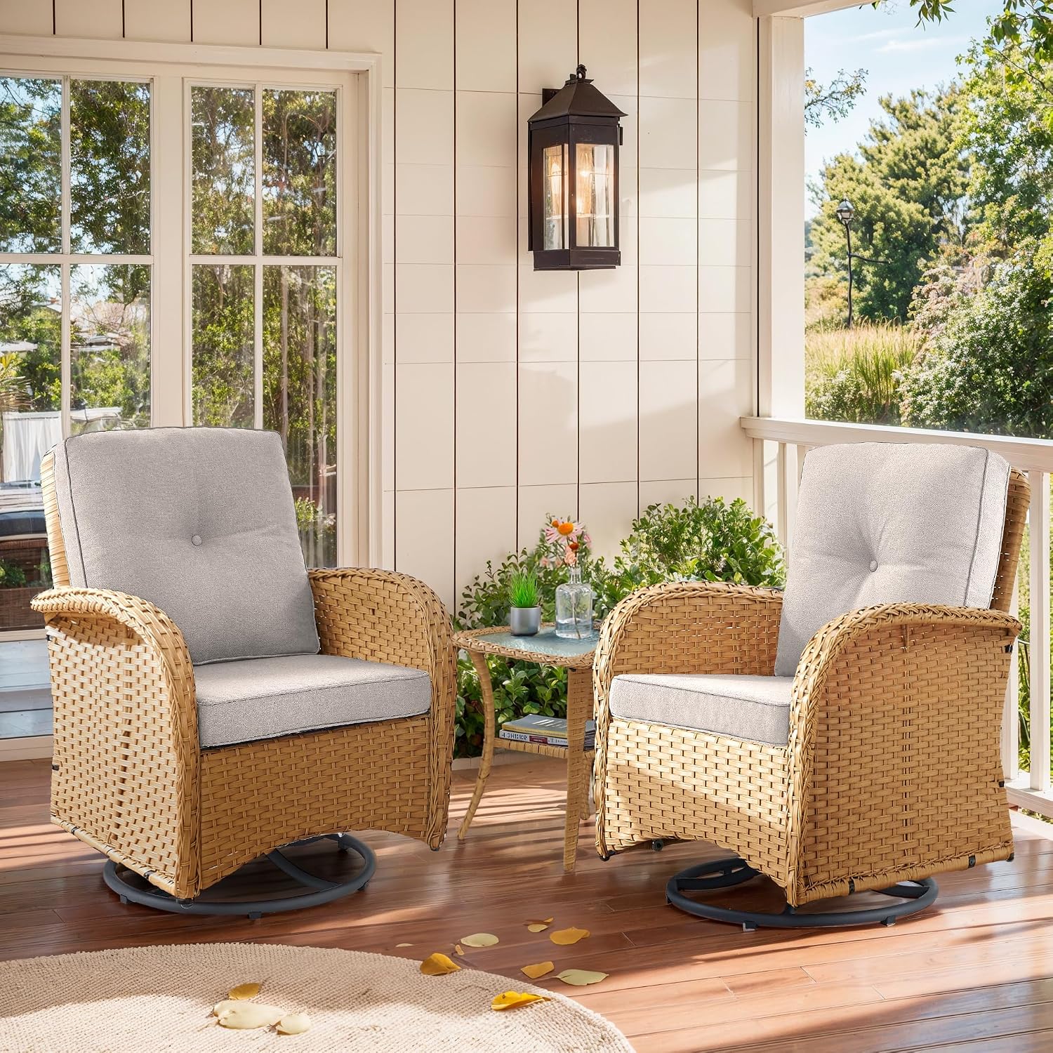Outdoor Rocker Swivel Glider Chair - 3 Piece Wicker Patio Furniture Set, All Weather Patio Bistro Set with Glass Side Table for Balcony Porch Deck Backyard - Yellow Wicker Beige Cushion
