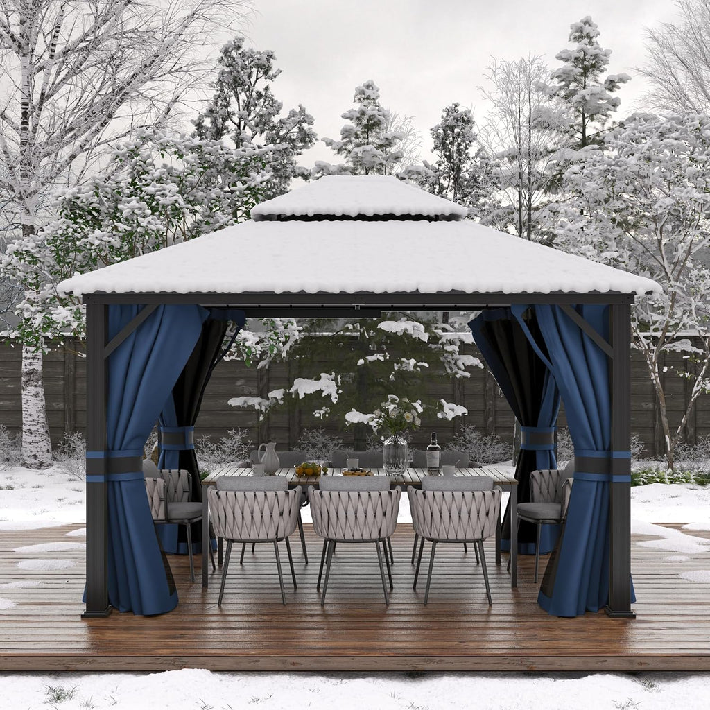 Amopatio 10' X 12' Hardtop Gazebo, Aluminum Gazebo with Double Galvanized Steel Roof, Curtains and Netting Included,Outdoor Metal Pergola for Patios, Garden, Parties, Lawns（Blue