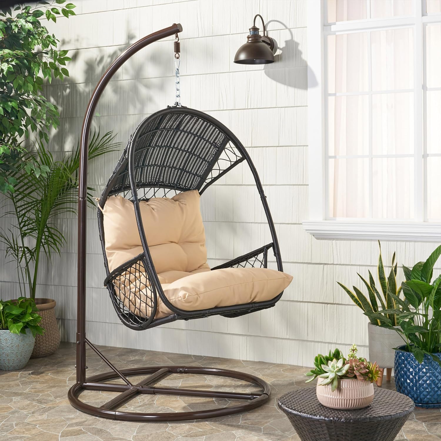 GDF Studio Outdoor Wicker Hanging Chair with Stand,Egg Swing Hammock Chair, Indoor Outdoor Wicker Egg Chair with Cushion for Patio Bedroom Porch Garden,400Lbs Capacity,Brown and Tan