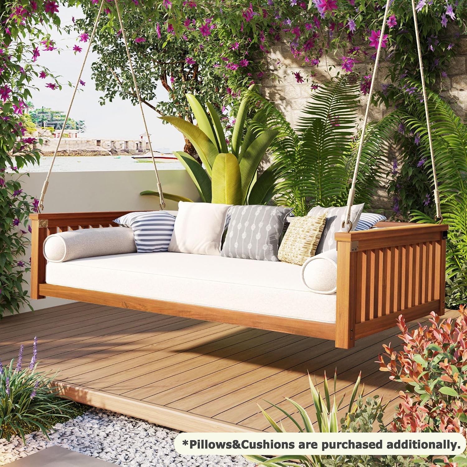 Minimalist 2-Person Acacia Wood Swing Bed, Patio Porch Swing with Ropes for Backyard Garden, Safe Sloped Design (Teak/Acacia)