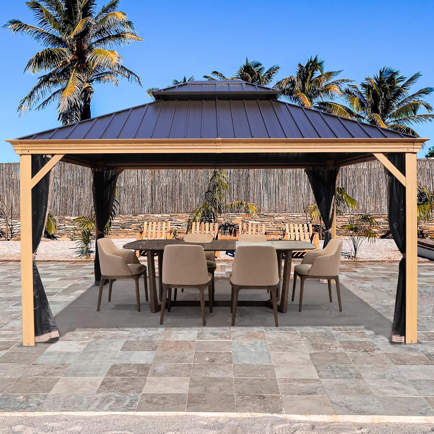 Kozyard Apollo 12'x14' Hardtop Gazebo, Wooden Coated Aluminum Frame Canopy with Galvanized Steel Double Roof, Outdoor Permanent Metal Pavilion with Netting for Patio, Deck and Lawn (12ft x 14ft)