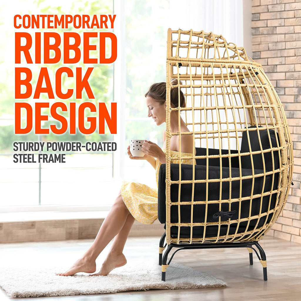 SereneLife Wicker Rattan Egg Chair with Cushions, Indoor Outdoor Egg Chair with Steel Frame and Washable Pillows, Woven Texture, Comfortable Design for Porch, Deck, Garden, or Room, Holds Up to 440lbs