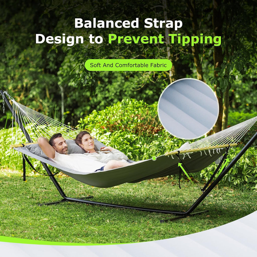 ANAGOO Double Hammock with Stand, Heavy Duty Outdoor Hammock for Two, 500 LBS Capacity, Stable Steel Frame with Balance Strap, Easy Tool-Free Assembly for Patio, Garden, Backyard & Beach,Dark Grey