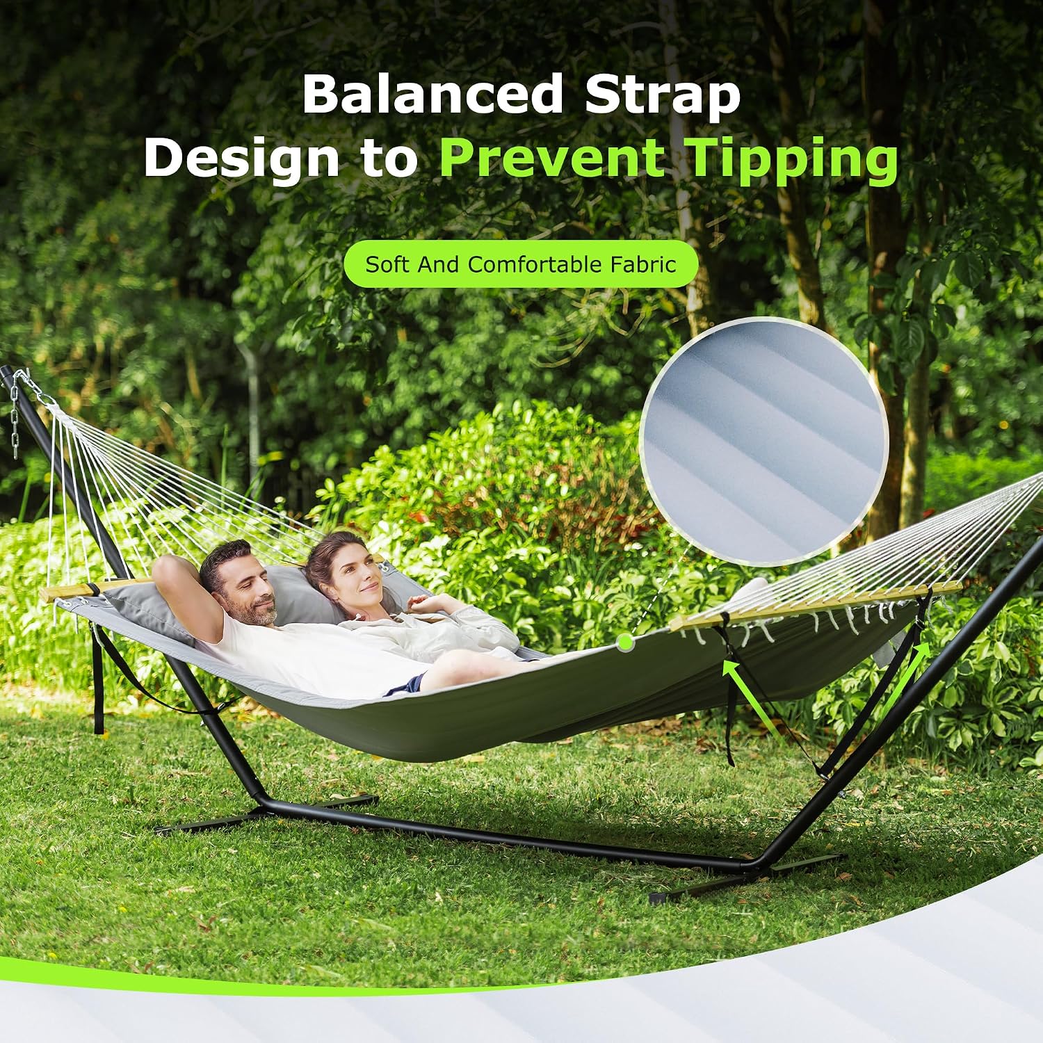 ANAGOO Double Hammock with Stand, Heavy Duty Outdoor Hammock for Two, 500 LBS Capacity, Stable Steel Frame with Balance Strap, Easy Tool-Free Assembly for Patio, Garden, Backyard & Beach,Dark Grey