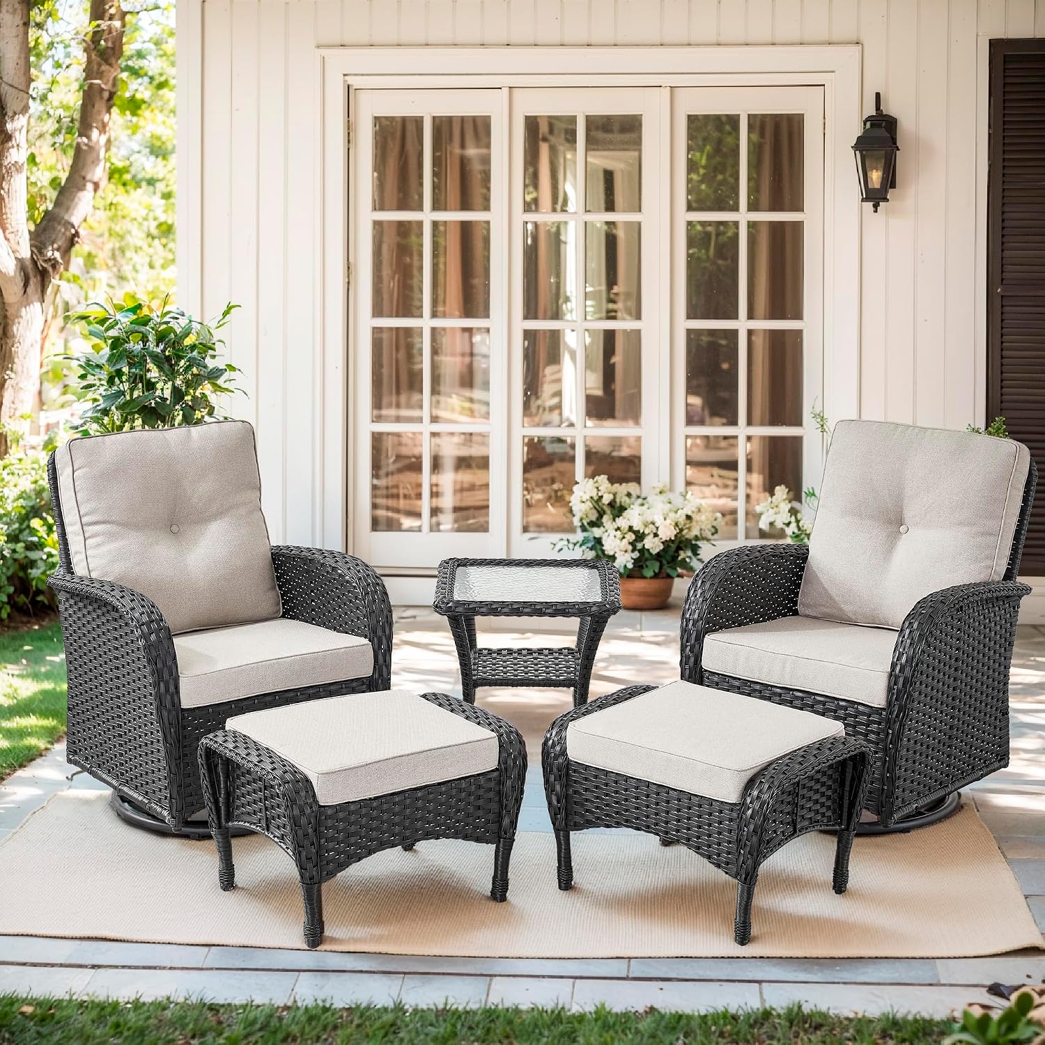 Outdoor Swivel Glider Rocker Chairs Set- 5 Piece Patio Furniture Set, Patio Bistro Sets with Tempered Glass Side Table and 2 Ottoman, for Balcony, Porch - Black Wicker Beige Cushion