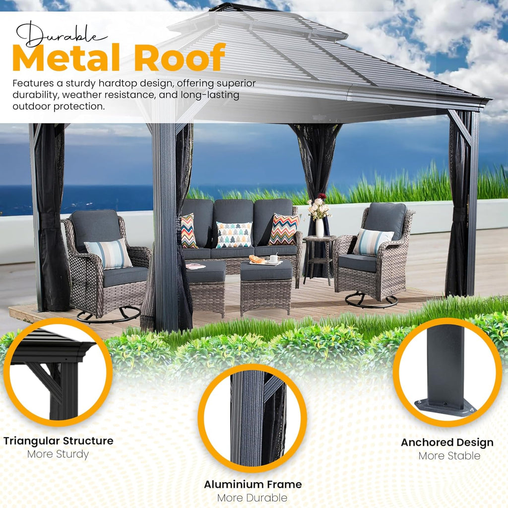 Hardtop Gazebo with Galvanized Steel Double Roof, Rustproof Aluminum Frame, Privacy Netting, and All-Weather Outdoor Shelter, Dark Grey (12x16)