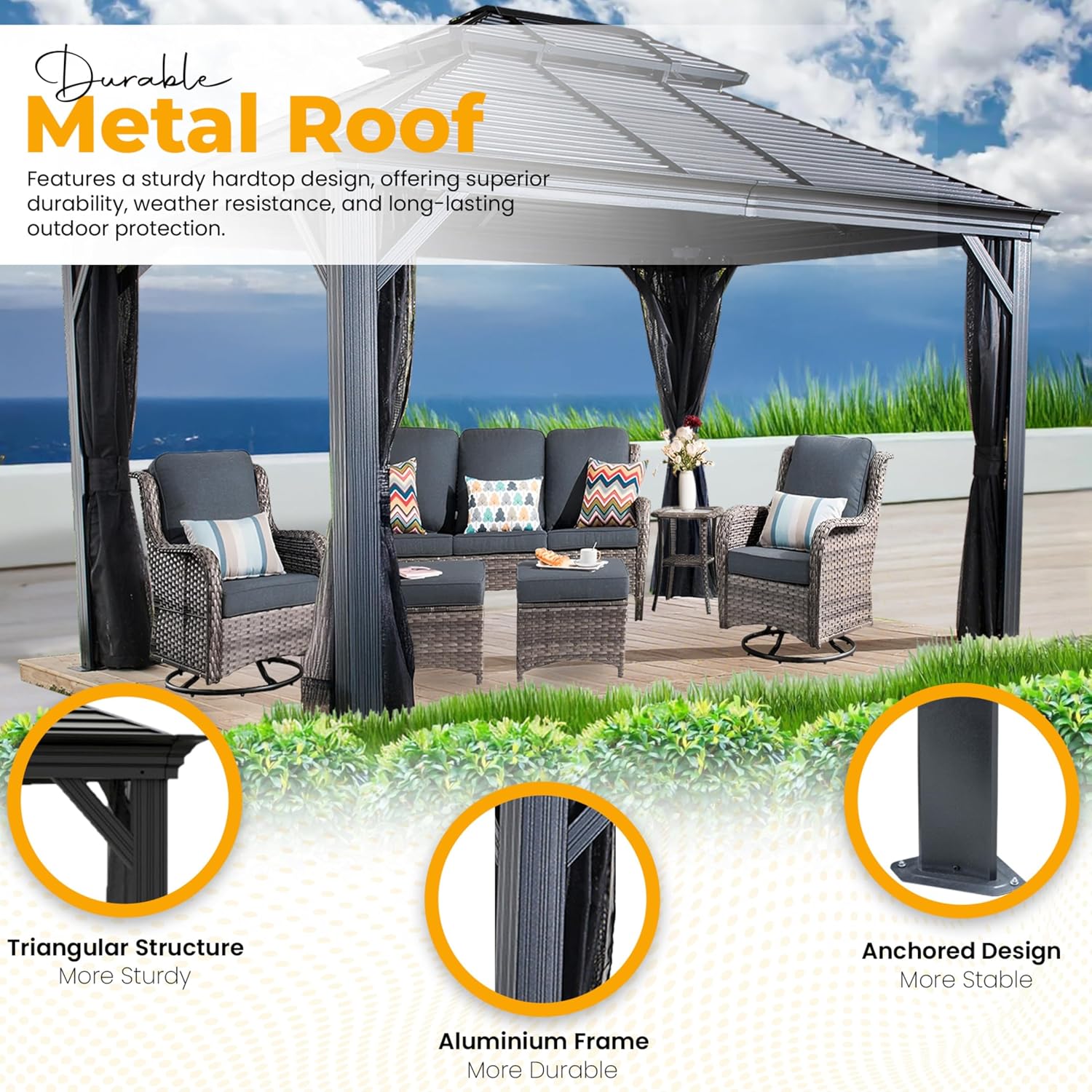 Hardtop Gazebo with Galvanized Steel Double Roof, Rustproof Aluminum Frame, Privacy Netting, and All-Weather Outdoor Shelter, Dark Grey (12x16)