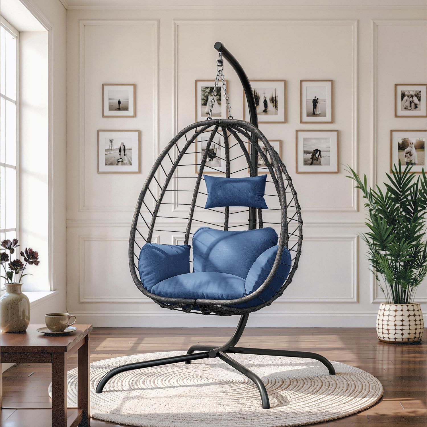 ALAULM Foldable Egg Chair with Stand, 485LBS Capacity Wicker Rattan Hammock Swing Chair for Outdoor & Indoor, Patio Hanging Chair with Strong Frame & UV Resistant Cushion for Balcony, Bedroom, Blue