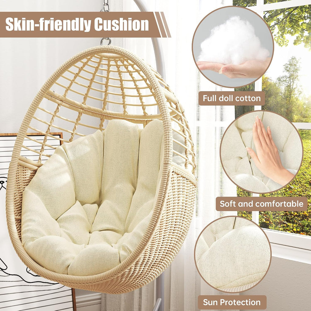 Hanging Egg Chair Swing Chair with Stand Wicker Rattan for Indoor Outdoor Patio Bedroom Hammock with Steel Frame and Cushion, 300 lbs Capacity, Beige