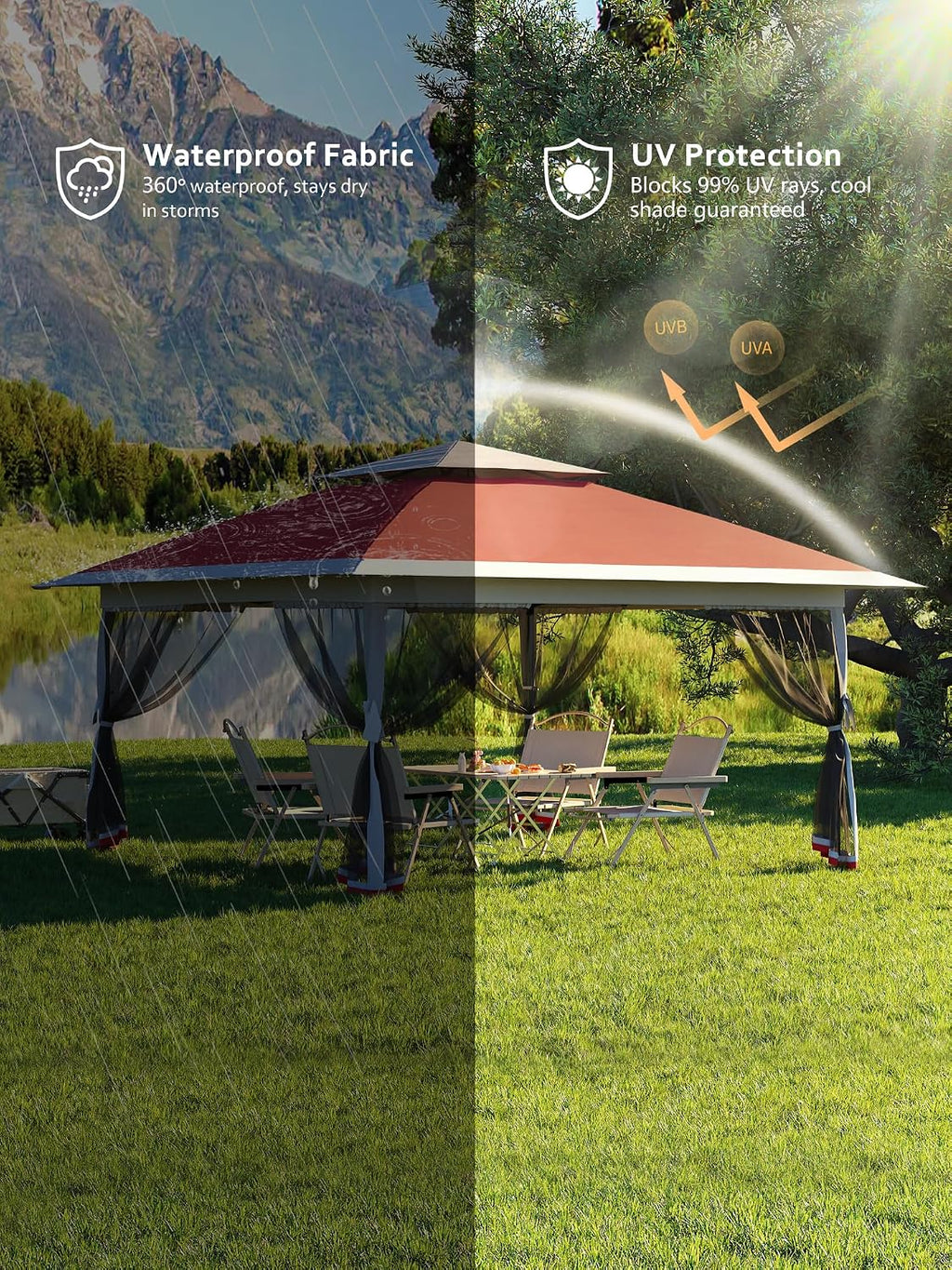 13 X 13 Pop Up Gazebo with Mosquito Netting,Outdoor Patio Gazebo,Outdoor Canopy Tent with Mosquito Netting,Backyard Tent,Red + Light Grey