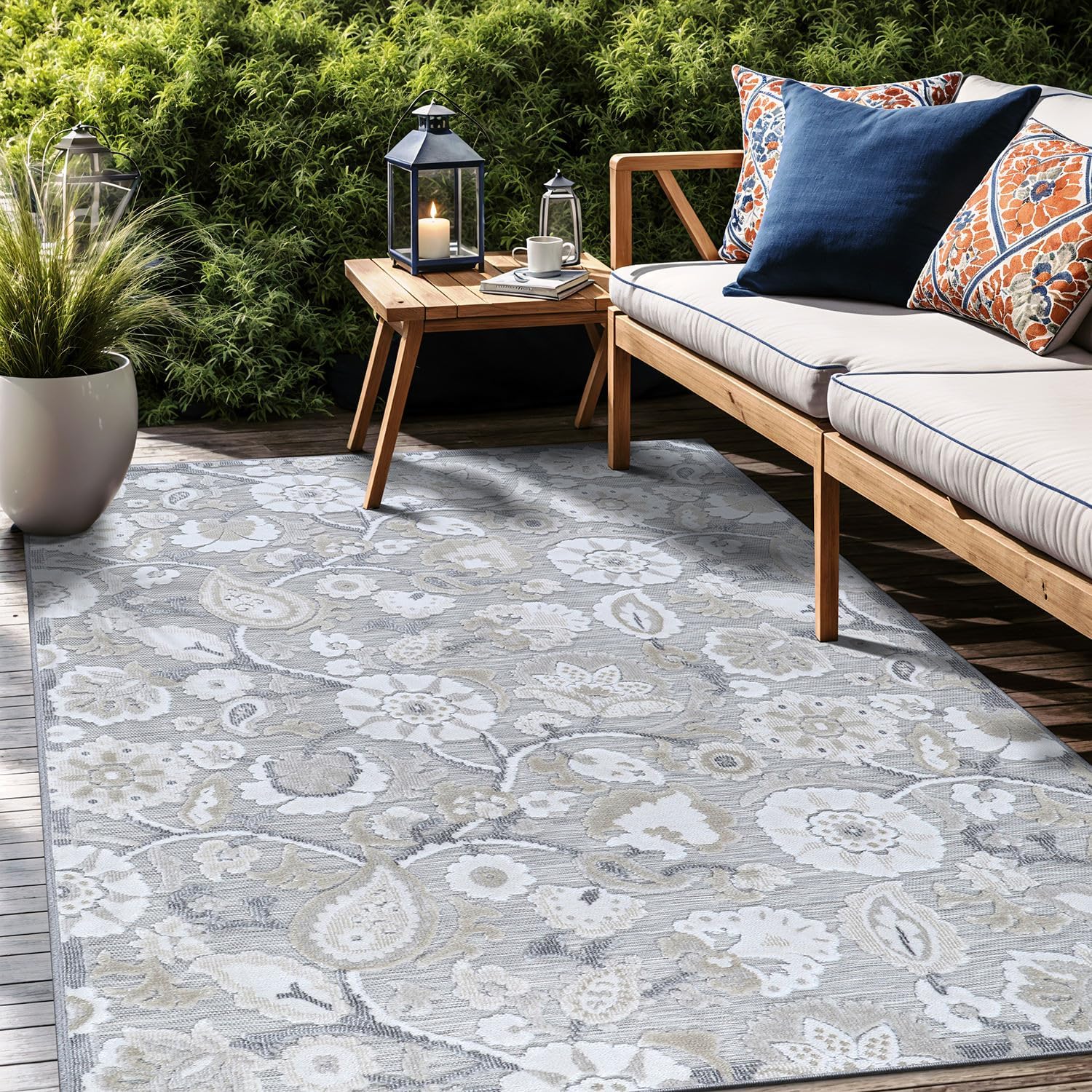 Luul Home Floral Indoor Outdoor Rugs 10x14 Large Area Rug for Living Room, Patio Decor, Kitchen, and Entryway Rug, Washable Stain Resistant Outside Carpet Beige 10 x 14
