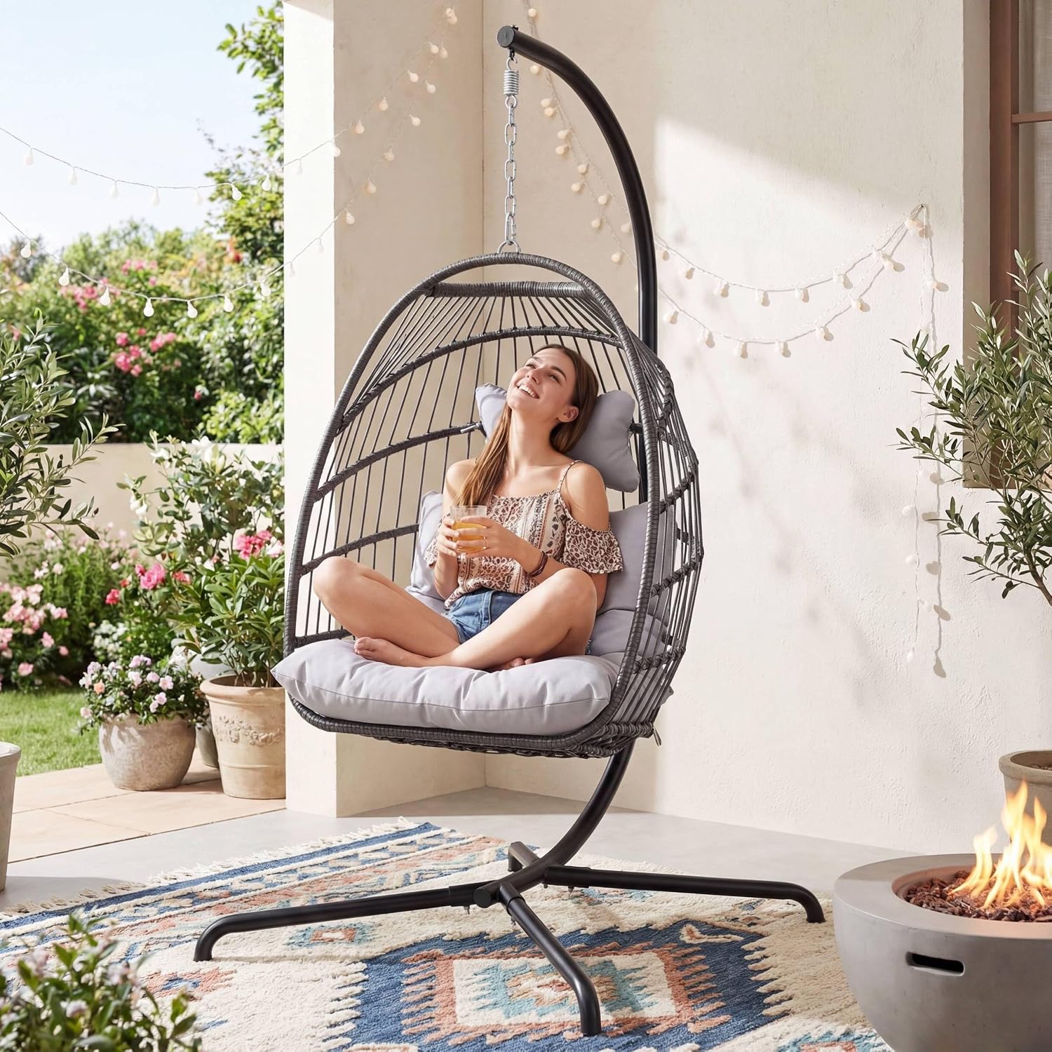 RADIATA Outdoor Patio Egg Chair with Stand and Cover, Compact Foldable Wicker Hanging Hammock Chair with Cushion, 350Lbs Single Person Swing Basket Seat for Indoor Balcony Backyard Porch, Light Grey