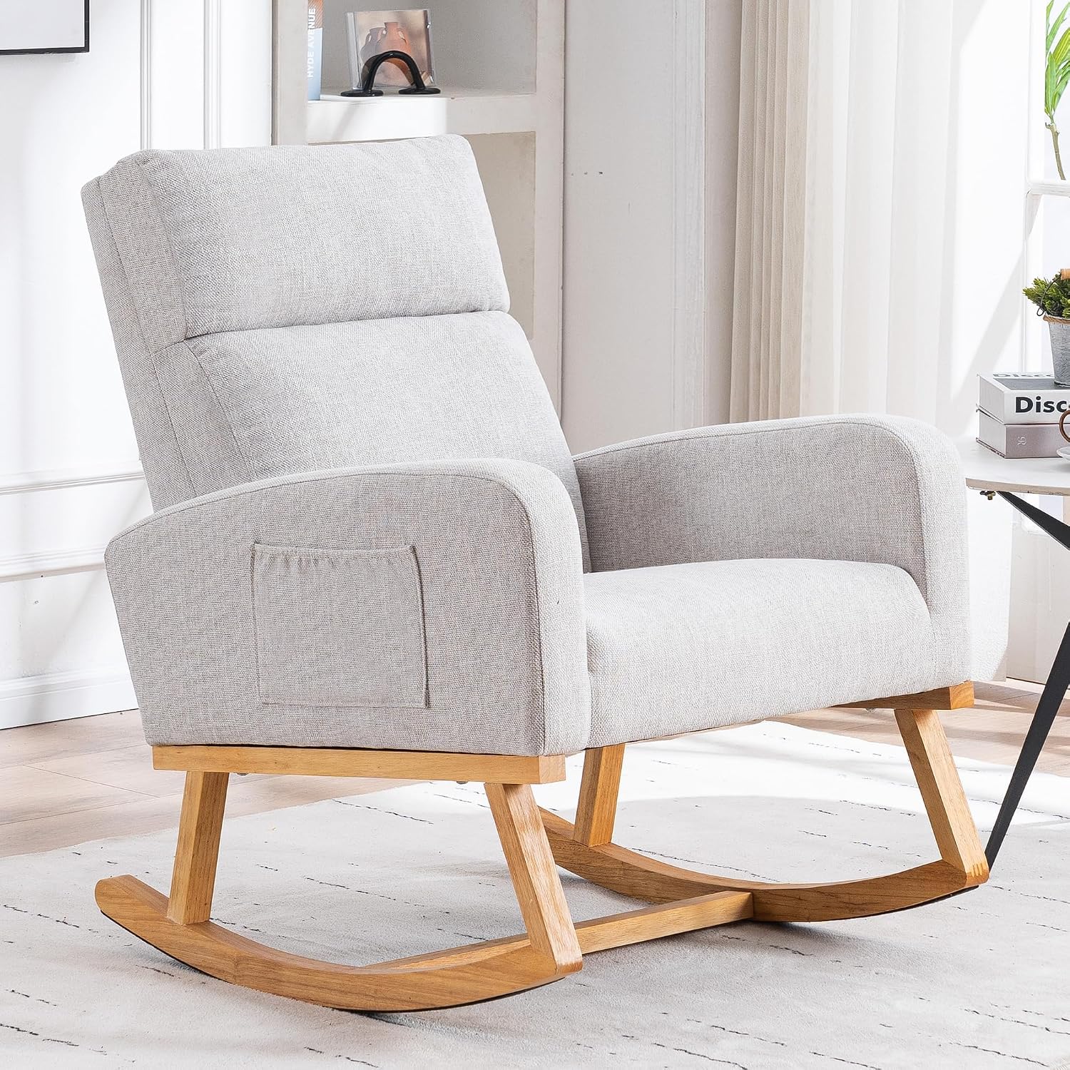 HCHAIRH Rocking Chair Nursery, Nursing Rocking Chairs, Upholstered Nursery Glider Rocker for Mom Nursery Morden Rocking Chair with Side Pocket for Living Room,Bedroom，Light Gray