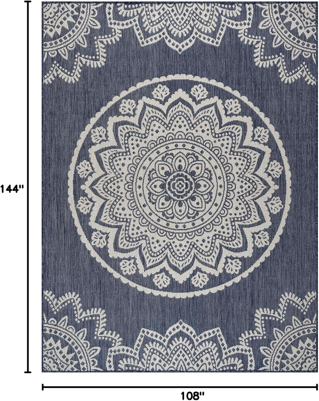 CAMILSON Outdoor Rug 9x12 Modern Area Rugs for Large Indoor and Outdoor Patios and Porches - Waterproof Washable Non-Shedding, Easy-to-Clean Outside Carpet (9 x 12, Medallion - Blue/White)
