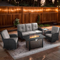 5 Piece Patio Furniture Sets with Fire Pit Table - Wicker Patio Conversation Sets with Swivel Glider, Loveseat, Tempered Glass Side Table for Deck Backyard - Black Wicker Beige Cushion