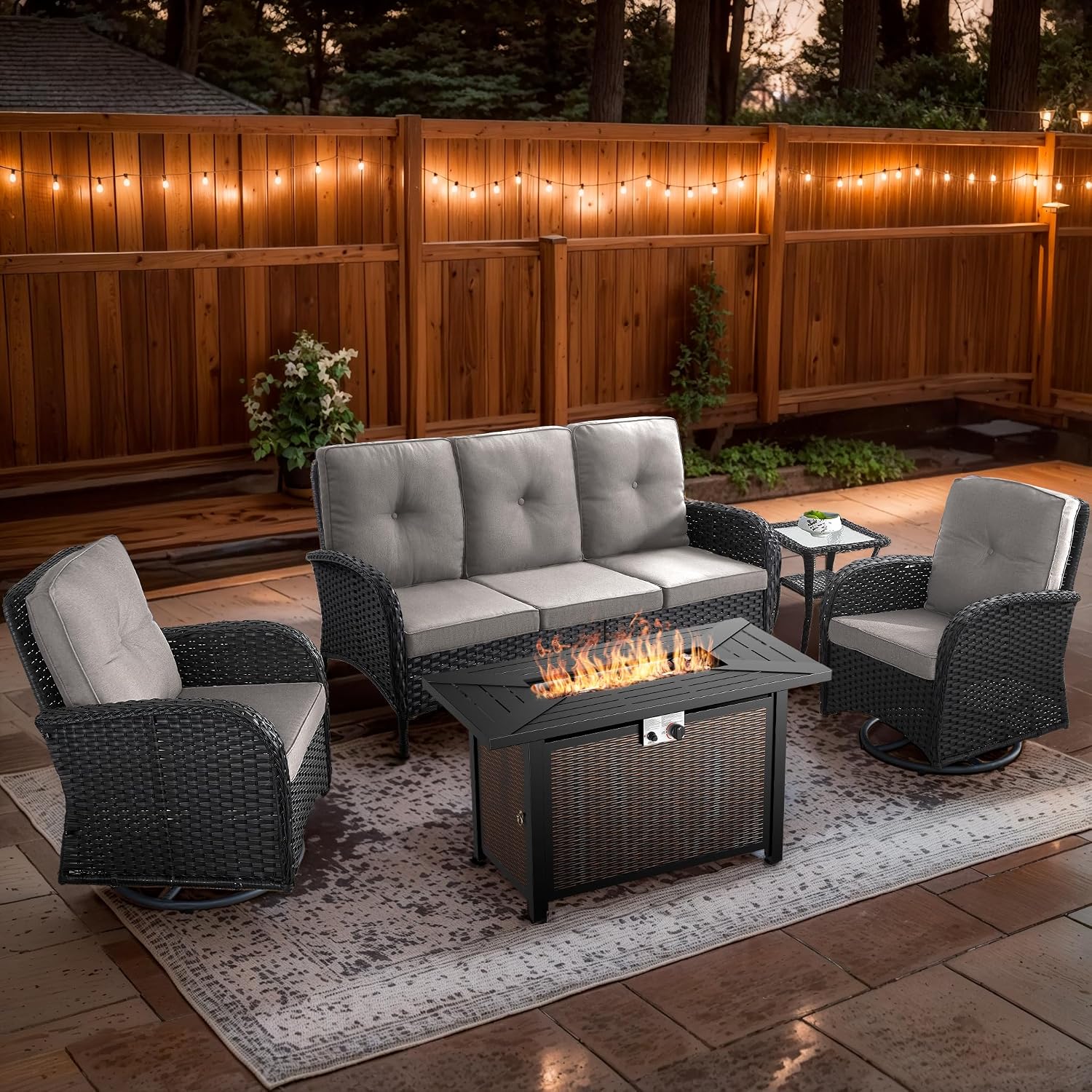 5 Piece Patio Furniture Sets with Fire Pit Table - Wicker Patio Conversation Sets with Swivel Glider, Loveseat, Tempered Glass Side Table for Deck Backyard - Black Wicker Beige Cushion