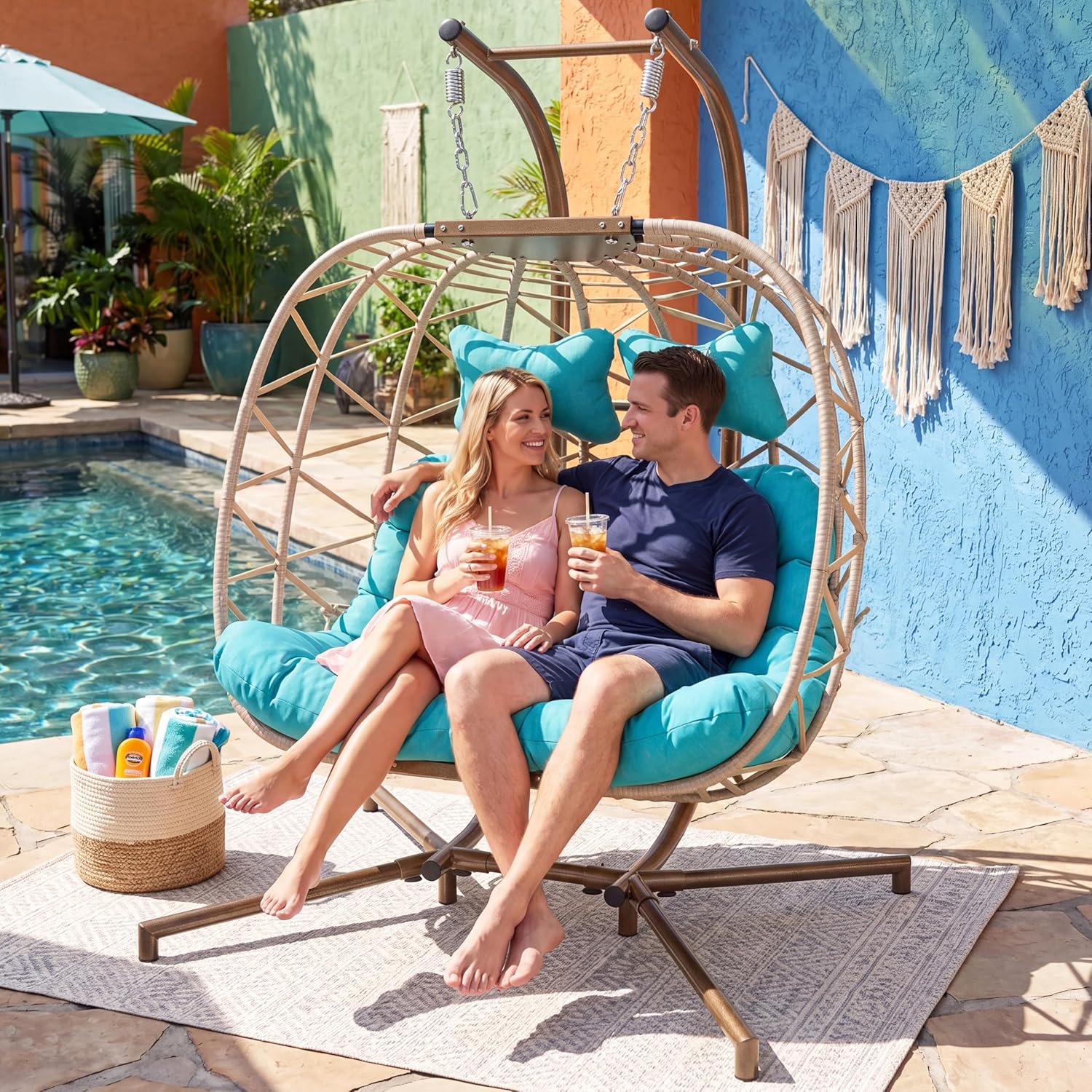 NICESOUL Outdoor Double Egg Chair with Stand, XL Large & Wide All-Weather Cushioned Swing Chair, Heavy Duty Rattan Egg Hammock Loveseat with Stand for Patio Porch Balcony Backyard or Indoor, Turquoise