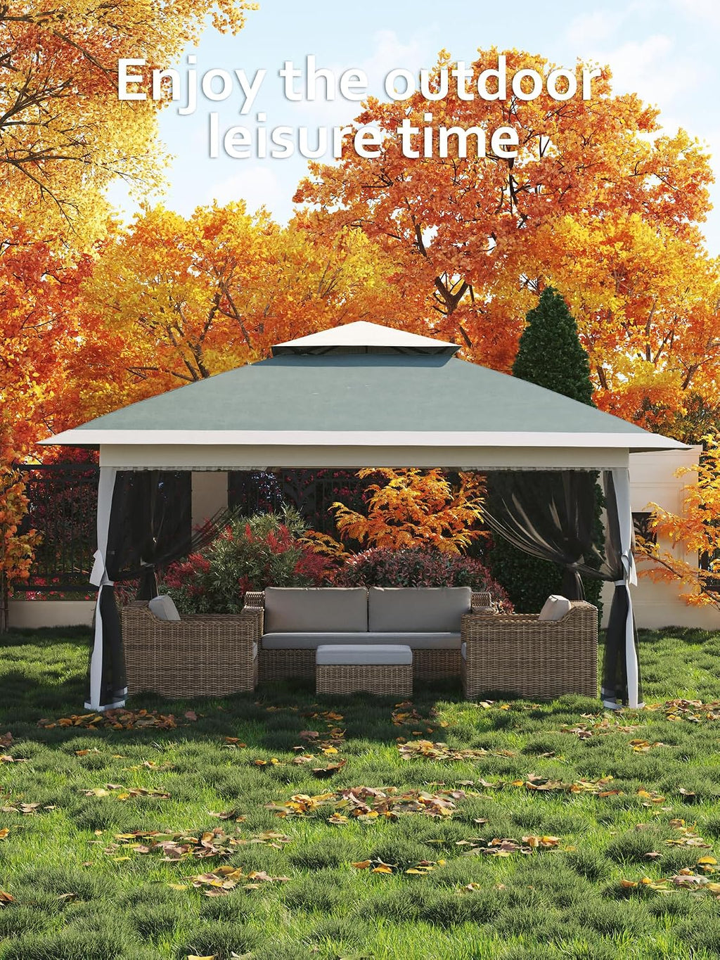Garvee 13x13FT Pop Up Gazebo, Canopy Tent with Mosquito Netting,Outdoor Gazebos for Backyard & Patio Furniture - Pop Up Tent with Wheeled STO-N-Go Cover Bag (Dark Army Green+Hemp Grey)