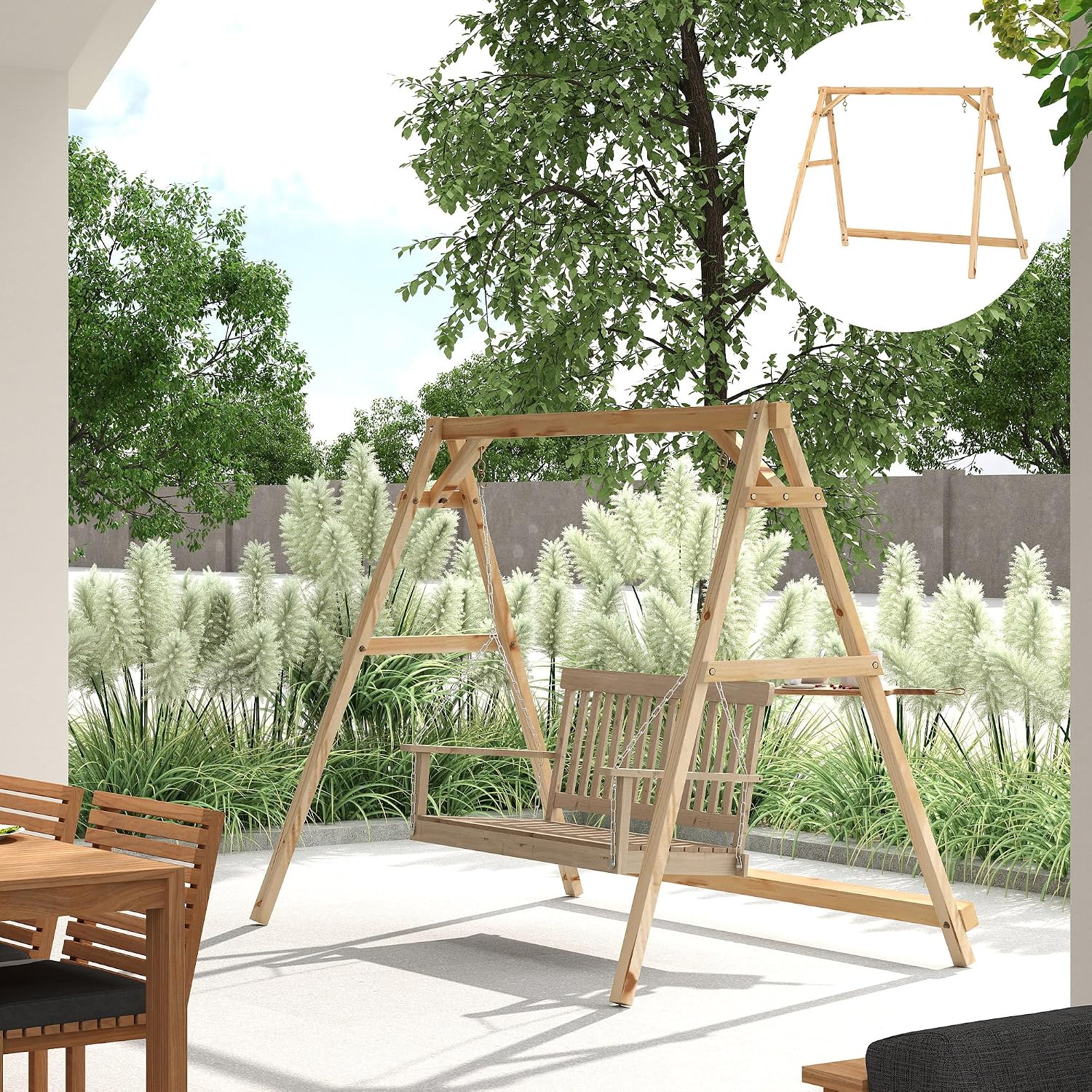 Outsunny 770lbs Porch Swing Frame, Heavy Duty A-Frame Wooden Swing Stand with Reinforced Bars, Freestanding Hanging Chair Stand Only for Porch, Lawn, Garden, Backyard, Teak
