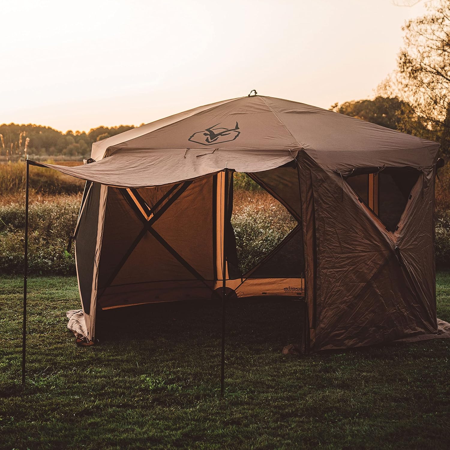 Gazelle Tents™, G6 Deluxe 6-Sided Portable Gazebo, Easy Pop-Up Hub Screen Tent, Waterproof, UV Resistant, Attached Wind Panels, 8-Person & Table, Badlands Brown, 86' x 124' x 124', GG610BR