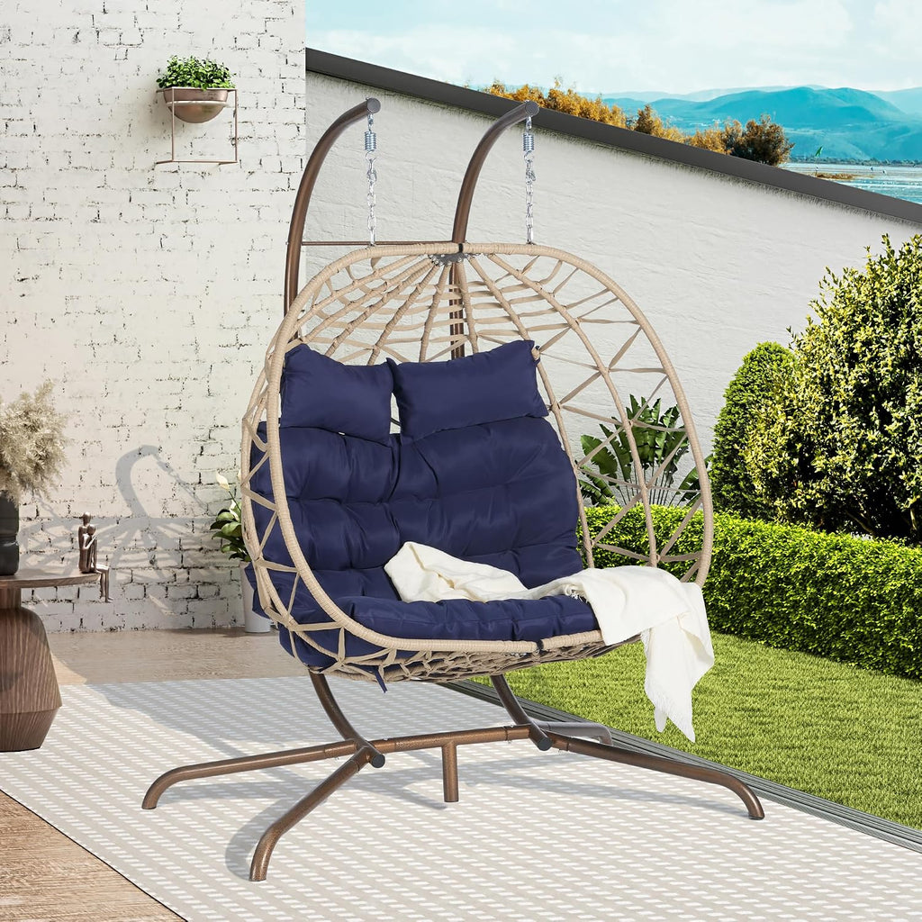 JOYBASE Double Swing Egg Chair with Stand, 2-Person Hanging Egg Chair Wicker Rattan Oversized Swinging Chair for Outdoor Indoor Garden Patio (Dark Blue Cushion and Beige Rattan)